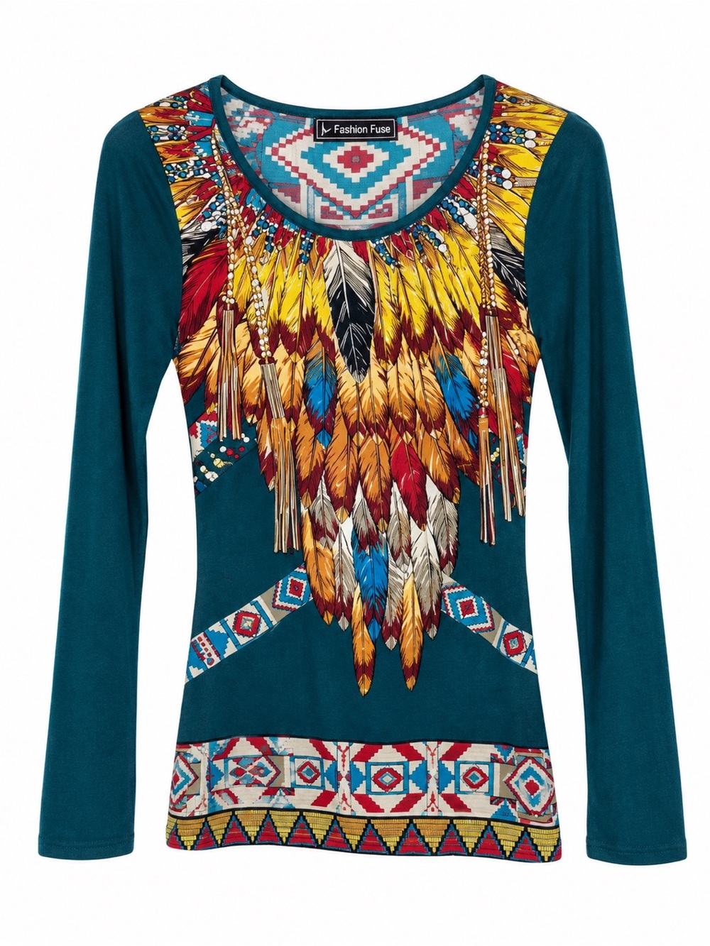 Fashion Fuse Women’s Teal Long Sleeve Tribal Feather Graphic Tunic Top XS NWT